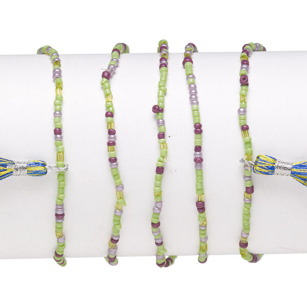 Bracelet mix, stretch, glass, mixed light greens and lavender, #6 round with 40mm tassel, 7-1/2 inches. Sold per pkg of 5. image number 0