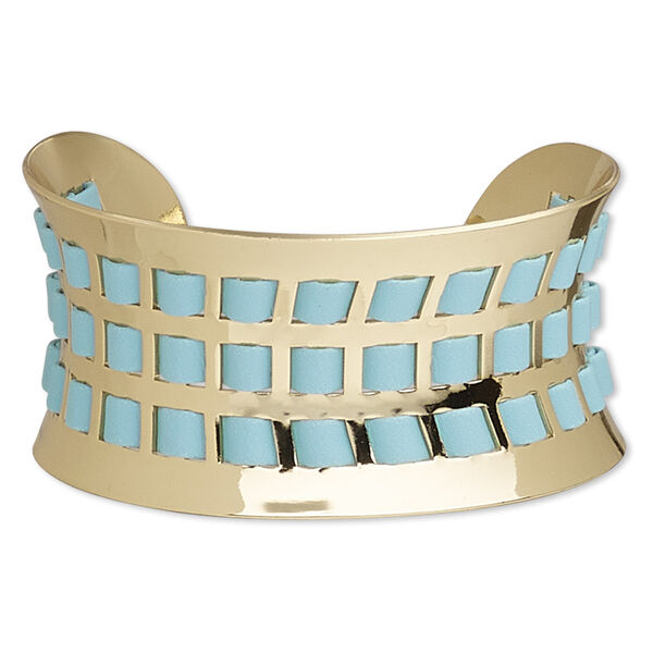 Bracelet, cuff, polyester and gold-finished steel, light blue, 36mm wide, 7 inches. Sold individually. image number 0