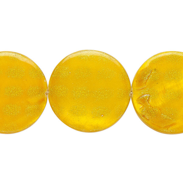Mother-of-pearl shell 1pkg1, puffed flat round bead 15 inch dark yellow / gold 19-20mm image number 0