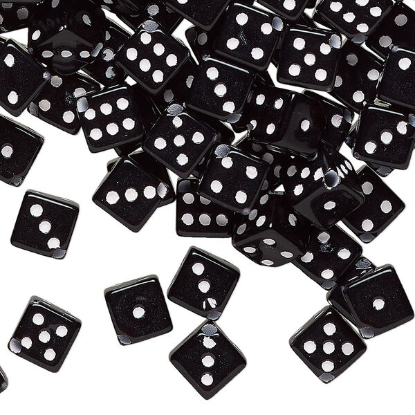 Bead, acrylic, opaque black and white, 6mm diagonally drilled six-sided dice, approximately 8mm stringing length. Sold per pkg of 200. image number 0