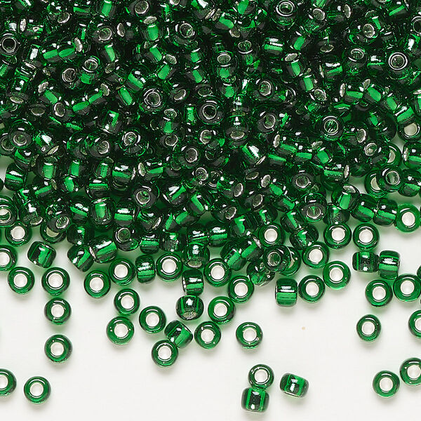 Seed bead, Dyna-Mites™, glass, silver-lined translucent emerald green, #8 round. Sold per 40-gram pkg. image number 0