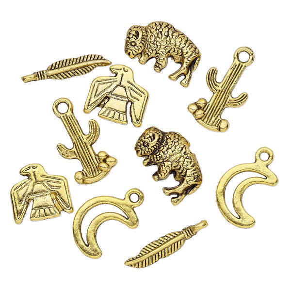 Bead and charm, antiqued gold-finished "pewter" (zinc-based alloy), 12x12mm-19x4mm assorted Southwest theme. Sold per pkg of 10. image number 0