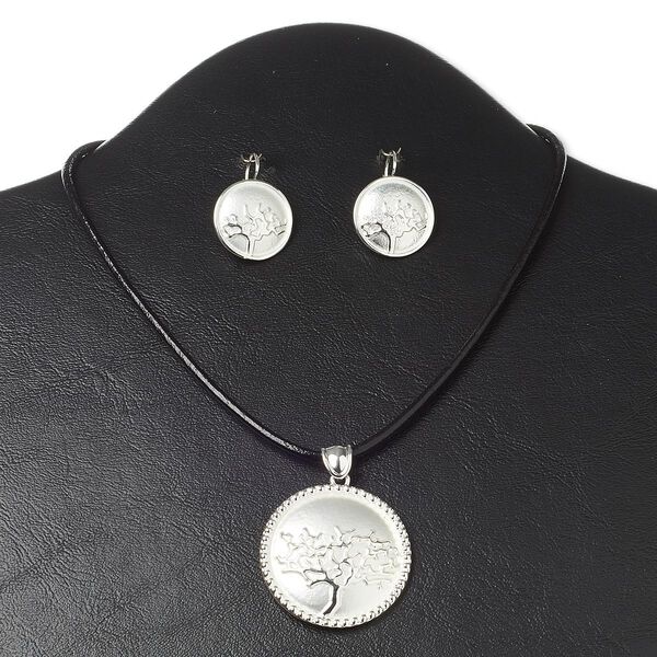 Necklace and earring set, leather (dyed) with silver-plated "pewter" (zinc-based alloy) and steel, black, 39mm round with tree of life, 16 inches with 3-inch extender chain and lobster claw clasp, 1-3/8 inch earrings with leverback ear wire. Sold per set. image number 0