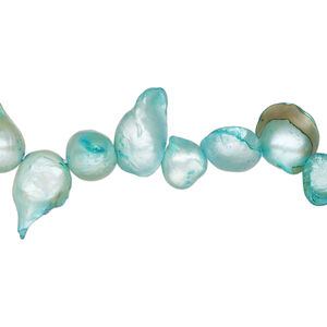 Pearl, cultured freshwater (dyed), teal green, 9x6mm-16x10mm baroque with 0.4mm hole, D grade, Mohs hardness 2-1/2 to 4. Sold per 15-inch strand.