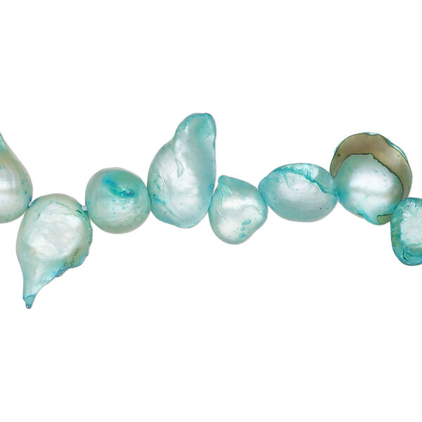 Pearl, cultured freshwater (dyed), teal green, 9x6mm-16x10mm baroque with 0.4mm hole, D grade, Mohs hardness 2-1/2 to 4. Sold per 15-inch strand. image number 0