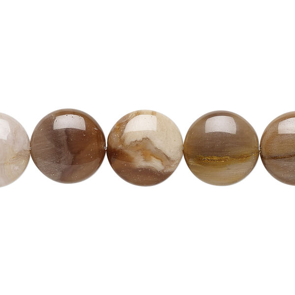 Bead, petrified wood (natural), 12mm puffed flat round, B grade, Mohs hardness 6-1/2 to 7. Sold per 8-inch strand, approximately 15 beads. image number 0