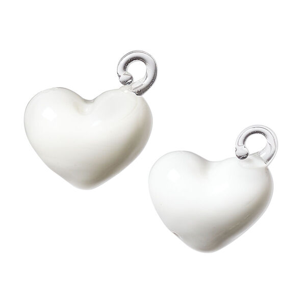 Drop, lampworked glass, opaque white, 18x15mm puffed heart. Sold per pkg of 2. image number 0