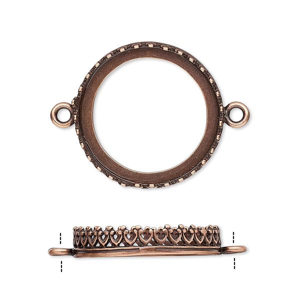 Link, JBB Findings, antique copper-plated brass, 22mm round with open back and decorative trim, 20mm round bezel setting. Sold per pkg of 2. image number 0