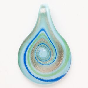 Focal, lampworked glass, translucent blue and teal green with copper-colored glitter, 2-1/2 x 1-3/4 to 2-3/4 x 2 inch spoon. Sold individually.