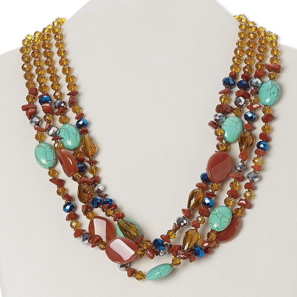 Necklace, carnelian / magnesite / red jasper (natural / dyed / stabilized / heated) / glass / silver-finished "pewter" (zinc-based alloy) / steel / silver-plated brass, multicolored, rondelle, 19 inches with 3-inch extender chain and lobster claw clasp. Sold individually. image number 0