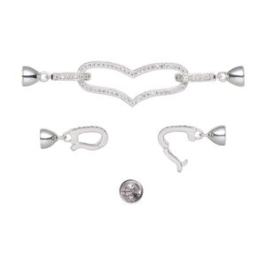 Clasp fold-over 1pkg1 silver-plated, 2.75x0.5 inch heart / fits 5mm cord, brass / cubic zirconia clear 1-strand