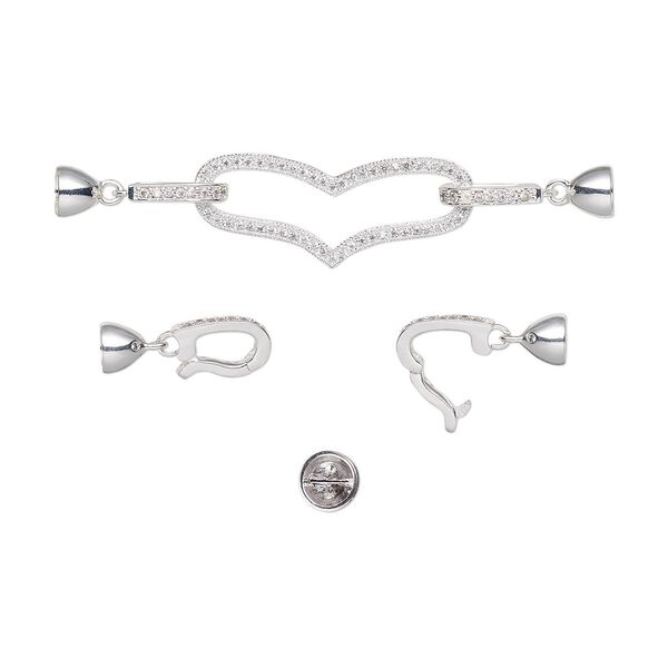 Clasp fold-over 1pkg1 silver-plated, 2.75x0.5 inch heart / fits 5mm cord, brass / cubic zirconia clear 1-strand image number 0