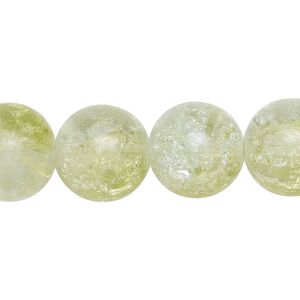 Bead, crackle glass, translucent green apple and clear, 13-14mm round. Sold per 15-1/2" to 16" strand.