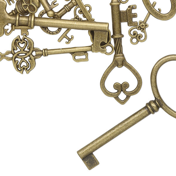 Focal and charm mix, antique brass-finished pewter (tin-based alloy), 3/4 x 1/2 inch to 3 x 4/5 inch single- and double-sided key with mixed designs. Sold per pkg of 25. image number 0