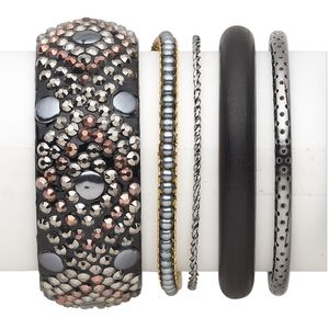 Bracelet mix, bangle, wood (dyed) / acrylic / gunmetal- / copper- / gold-finished steel, black, 2-29.5mm wide with mixed design, 2-1/2 inch inside diameter. Sold per 5-piece set.