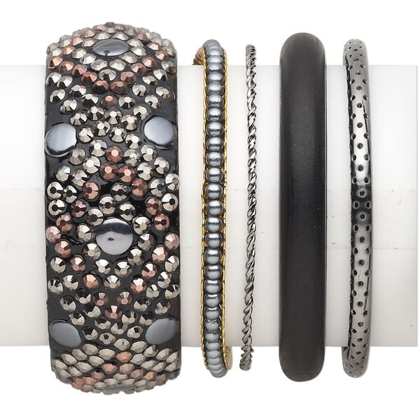 Bracelet mix, bangle, wood (dyed) / acrylic / gunmetal- / copper- / gold-finished steel, black, 2-29.5mm wide with mixed design, 2-1/2 inch inside diameter. Sold per 5-piece set. image number 0