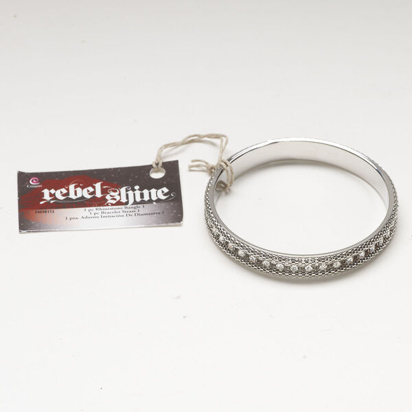 Bracelet, bangle 1pkg1, glass and antique silver-finished steel, clear, 11mm weaved rim, 8 inch. image number 0