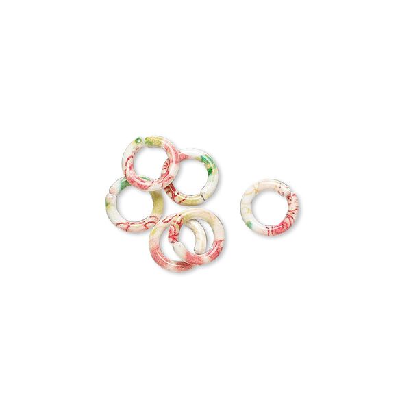 Jump ring, painted steel, multicolored, 6mm round with flower and leaf pattern, 4.2mm inside diameter, 18 gauge. Sold per pkg of 6. image number 0