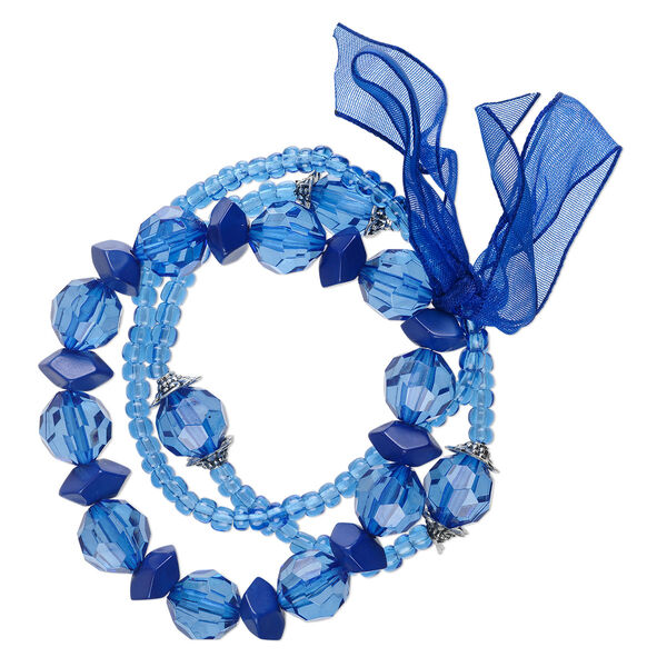 Bracelet, stretch, acrylic / silver-coated acrylic / glass / nylon / organza ribbon, dark blue, 4-12mm wide, 6-1/2 inches. Sold per pkg of 3. image number 0