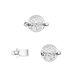 Clasp tab 1pkg100 silver-plated, 10mm round, brass 1-strand