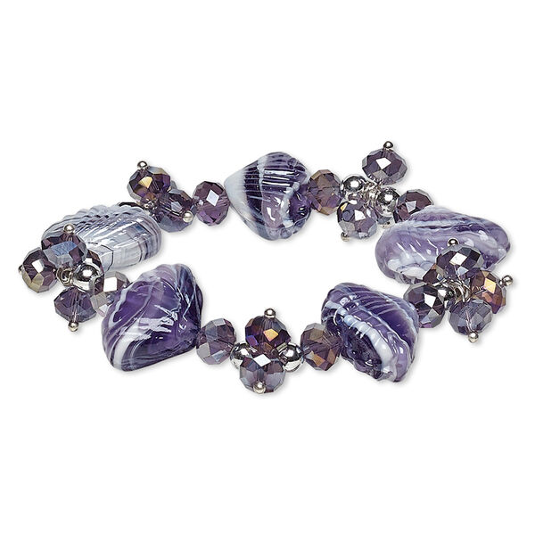 Bracelet, stretch, glass / lampworked glass / silver-coated acrylic, purple vitrail and white, 22mm wide with shell, 7 inches. Sold individually. image number 0