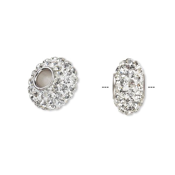 Bead, Dione®, Czech glass rhinestone / epoxy / imitation rhodium-plated brass grommet, white and clear, 13x8mm-14x8mm rondelle. Sold individually. image number 0