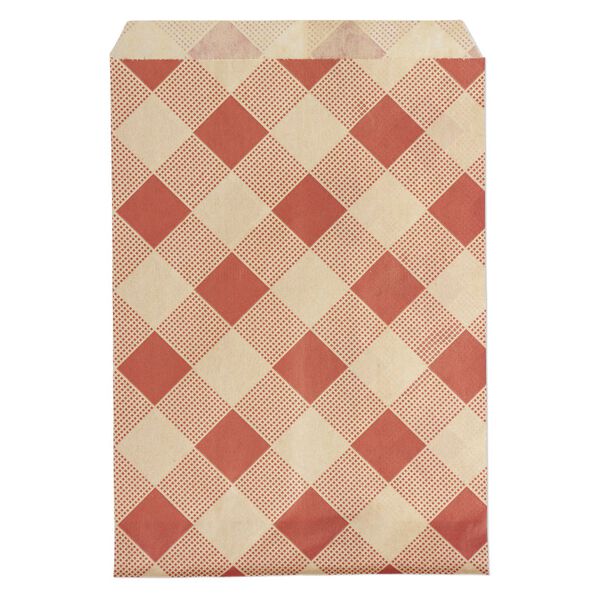 Bag, paper, brown and red, 7x5 inch rectangle with plaid-print and scalloped top edge. Sold per pkg of 100. image number 0