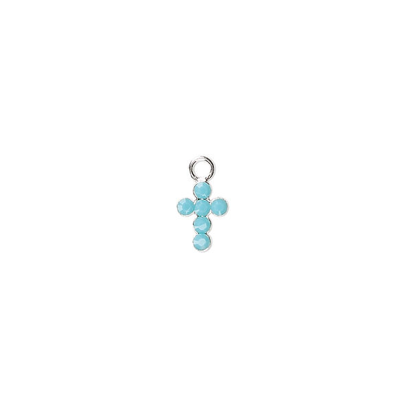 Drop, Preciosa Czech crystal and sterling silver, turquoise, 7x5mm cross. Sold per pkg of 2. image number 0
