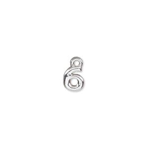 Charm, silver-finished "pewter" (zinc-based alloy), 7.5x6mm number 6. Sold per pkg of 2.