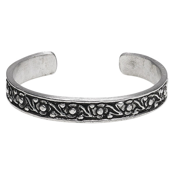 Bracelet, cuff, antiqued aluminum, 11mm wide with flower design, 7-8 inches. Sold individually. image number 0