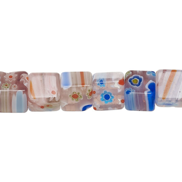 Bead, millefiori glass, light purple, 7-9mm cube with flower and stripe design. Sold per 14-inch strand. image number 0