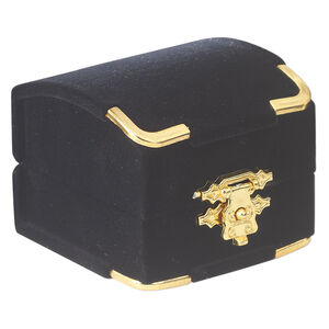 Ring box, velveteen flocking-covered cardboard with flocking-covered foam and cardboard insert with padded slot, black with gold-finished accents and white interior, 2x1-1/2x2 inches. Sold per pkg of 2.