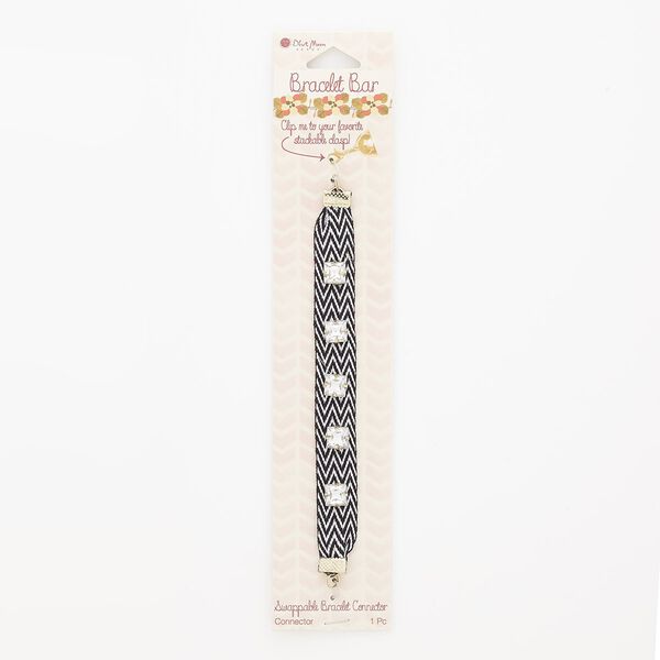 Bracelet component, cotton / acrylic / gold-finished steel, clear / white / black, 14mm faceted square, 6 inches with zig zag design. Sold individually. image number 0
