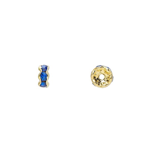 Bead, glass rhinestone and gold-finished brass, sapphire blue, 5x2mm rondelle. Sold per pkg of 10. image number 0