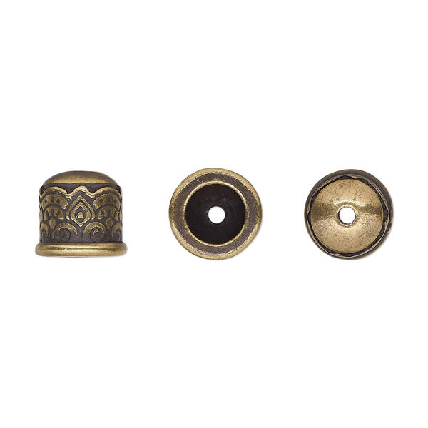 Cord end, TierraCast®, antique brass-plated pewter (tin-based alloy), 9mm with temple design, 5.7mm inside diameter. Sold per pkg of 20. image number 0