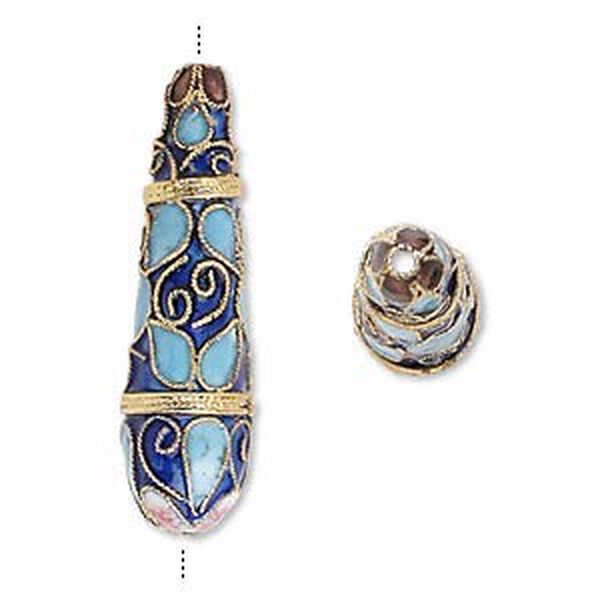 Bead, cloisonné, enamel and gold-finished copper, blue and multicolored, 42x12mm teardrop with swirls and teardrops design. Sold per pkg of 2. image number 0