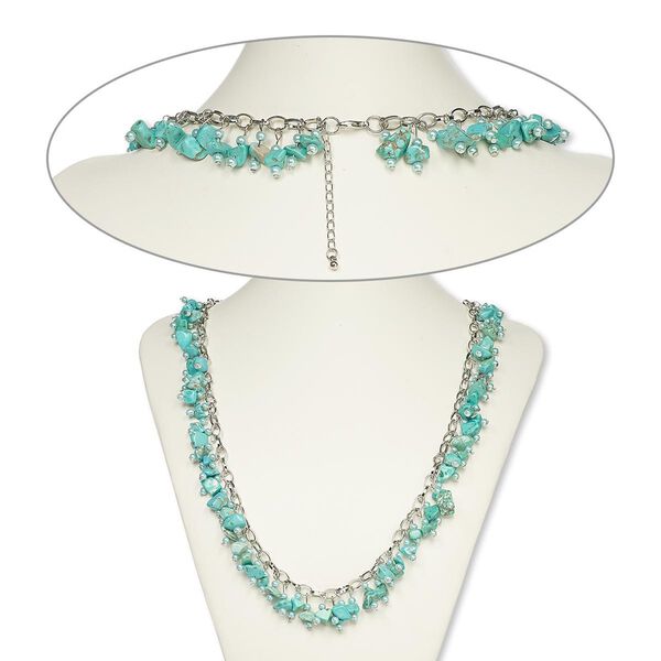 Necklace, magnesite (dyed / stabilized) / glass / imitation rhodium-plated steel / brass, light blue and blue-green, pebble, 30 inches with 3-inch extender chain and lobster claw clasp. Sold individually. image number 0