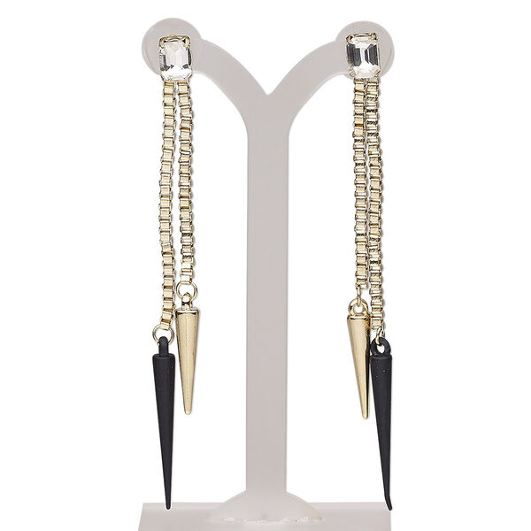 Earring, glass / stainless steel / gold-finished steel / "pewter" (zinc-based alloy) / painted "pewter" (zinc-based alloy), clear and matte black, 4 inches with spike and post. Sold per pair. image number 0
