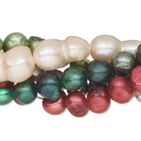 Pearl mix, cultured freshwater (bleached / dyed), mixed colors, 7-12mm flat-sided potato / rice / peanut, D grade, Mohs hardness 2-1/2 to 4. Sold per pkg of (5) 14-inch strands. image number 0