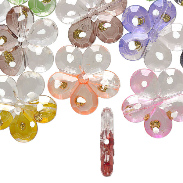 Bead, acrylic, clear / white / multicolored with gold-colored glitter, 31mm single-sided flower with painted dots. Sold per pkg of 24. image number 0