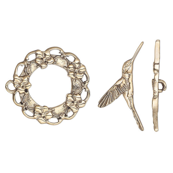 Clasp, toggle, antique gold-finished "pewter" (zinc-based alloy), 25mm wreath with flowers and hummingbird bar. Sold individually. image number 0