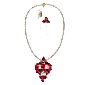 Necklace and earring set, One of a Kind Jewelry, gold-finished brass and crystal, multi-reds, 18 inches. Only one available.
