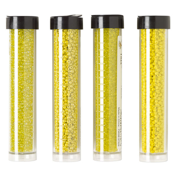 Seed bead assortment, Ming Tree™, glass, pkg/(4) 4 x 3/4 inch vials, #11 round, opaque and transparent yellow with various finishes. image number 0