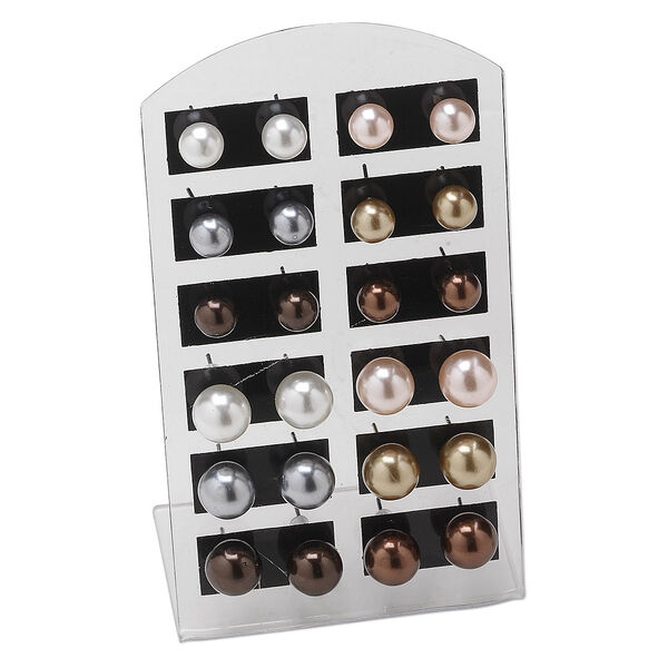 Earstud mix, acrylic and imitation rhodium-finished steel, pearlized mixed colors, 6mm and 8mm round. Sold per pkg of 12 pairs. image number 0