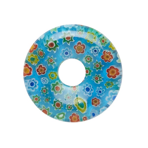 Focal, millefiori glass 1pkg1, translucent aqua blue and multicolored, 29-30mm undrilled donut. image number 0