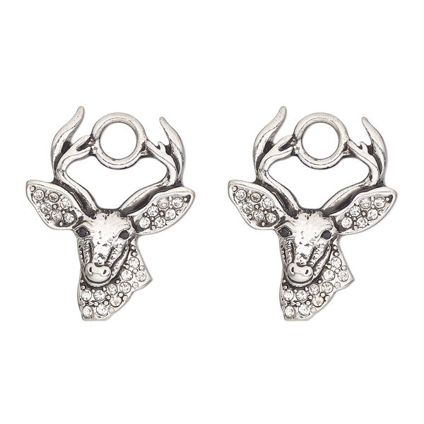 Charm, antique silver-finished "pewter" (zinc-based alloy) and glass, clear and black, 24x23mm single-sided deer head. Sold per pkg of 2. image number 0