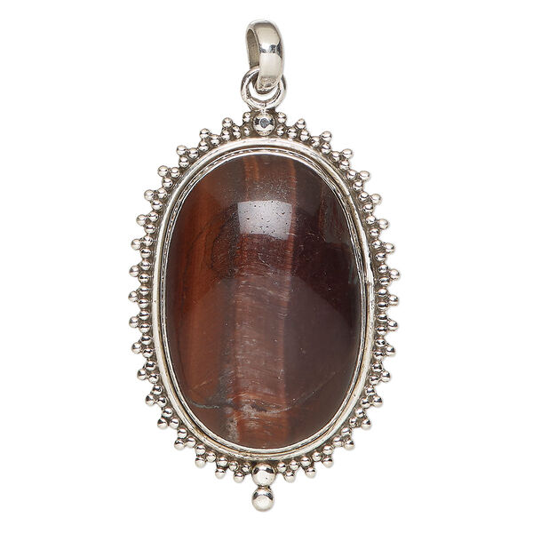 Pendant, red tigereye (heated) and antiqued sterling silver, 49x34mm beaded oval. Sold individually. image number 0