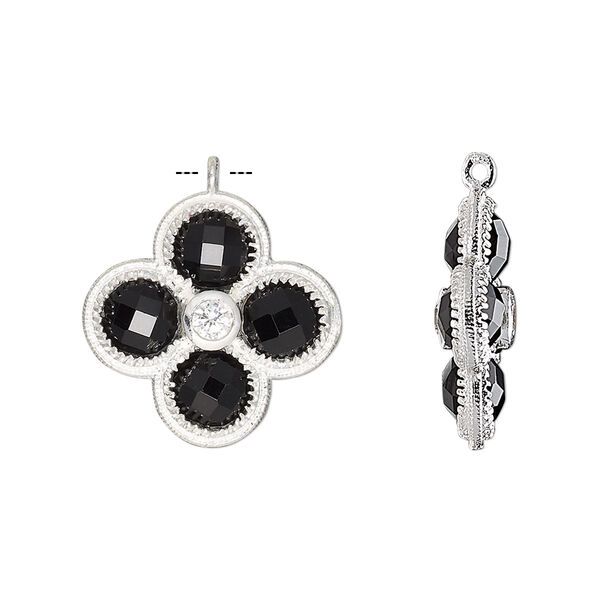 Drop, black onyx (dyed) / cubic zirconia / sterling silver, clear, 19mm double-sided faceted flower. Sold individually. image number 0