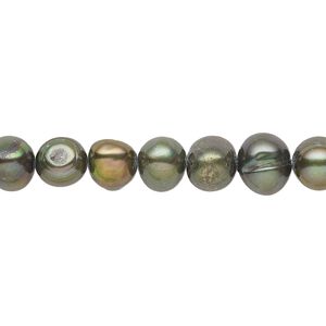 Pearl, cultured freshwater (dyed), dark green, 6-7mm semi-round with 0.4-0.6mm hole, D grade, Mohs hardness 2-1/2 to 4. Sold per 14-inch strand.