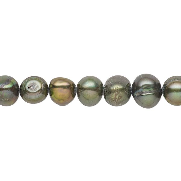 Pearl, cultured freshwater (dyed), dark green, 6-7mm semi-round with 0.4-0.6mm hole, D grade, Mohs hardness 2-1/2 to 4. Sold per 14-inch strand. image number 0